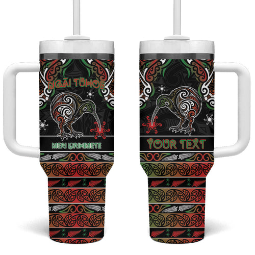 Personalised Ngai Tuhoe Aotearoa Meri Kirihimete Tumbler With Handle Maori Kiwi Bird Silver Fern Koru Pattern