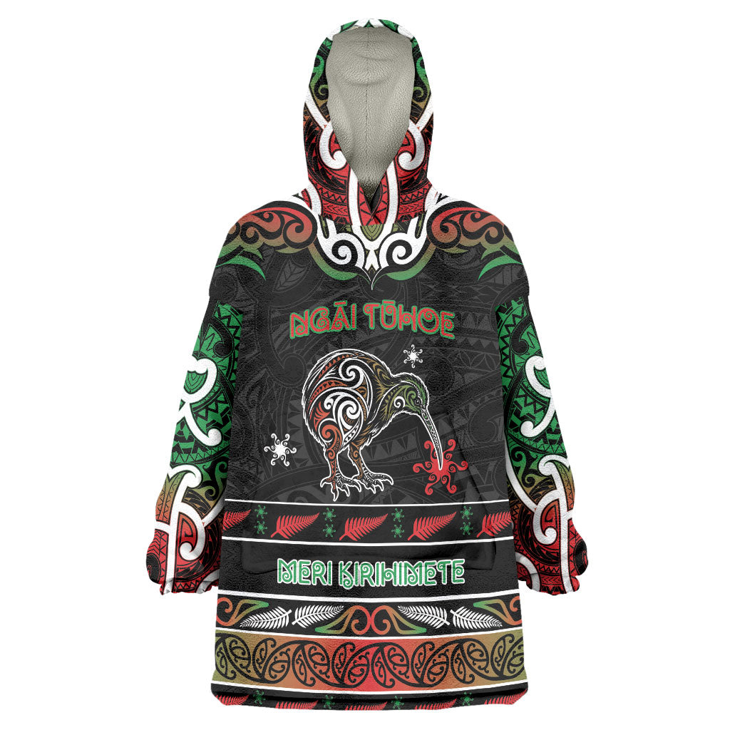 Personalised Ngai Tuhoe Aotearoa Meri Kirihimete Wearable Blanket Hoodie Maori Kiwi Bird Silver Fern Koru Pattern
