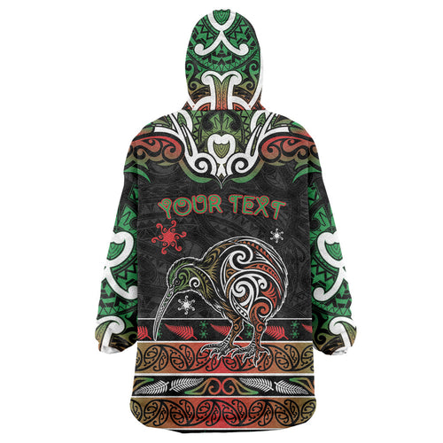 Personalised Ngai Tuhoe Aotearoa Meri Kirihimete Wearable Blanket Hoodie Maori Kiwi Bird Silver Fern Koru Pattern