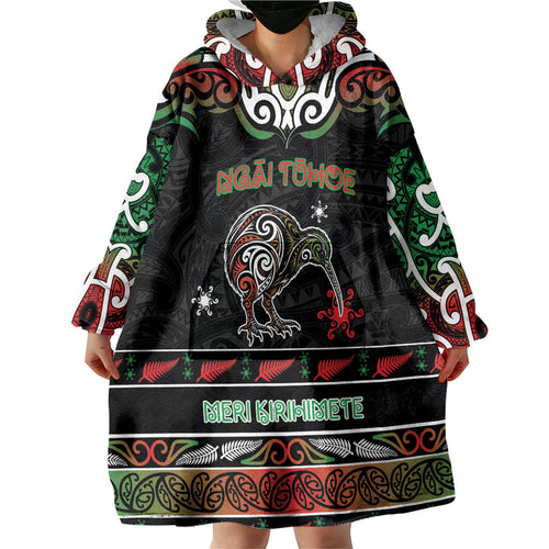 Personalised Ngai Tuhoe Aotearoa Meri Kirihimete Wearable Blanket Hoodie Maori Kiwi Bird Silver Fern Koru Pattern