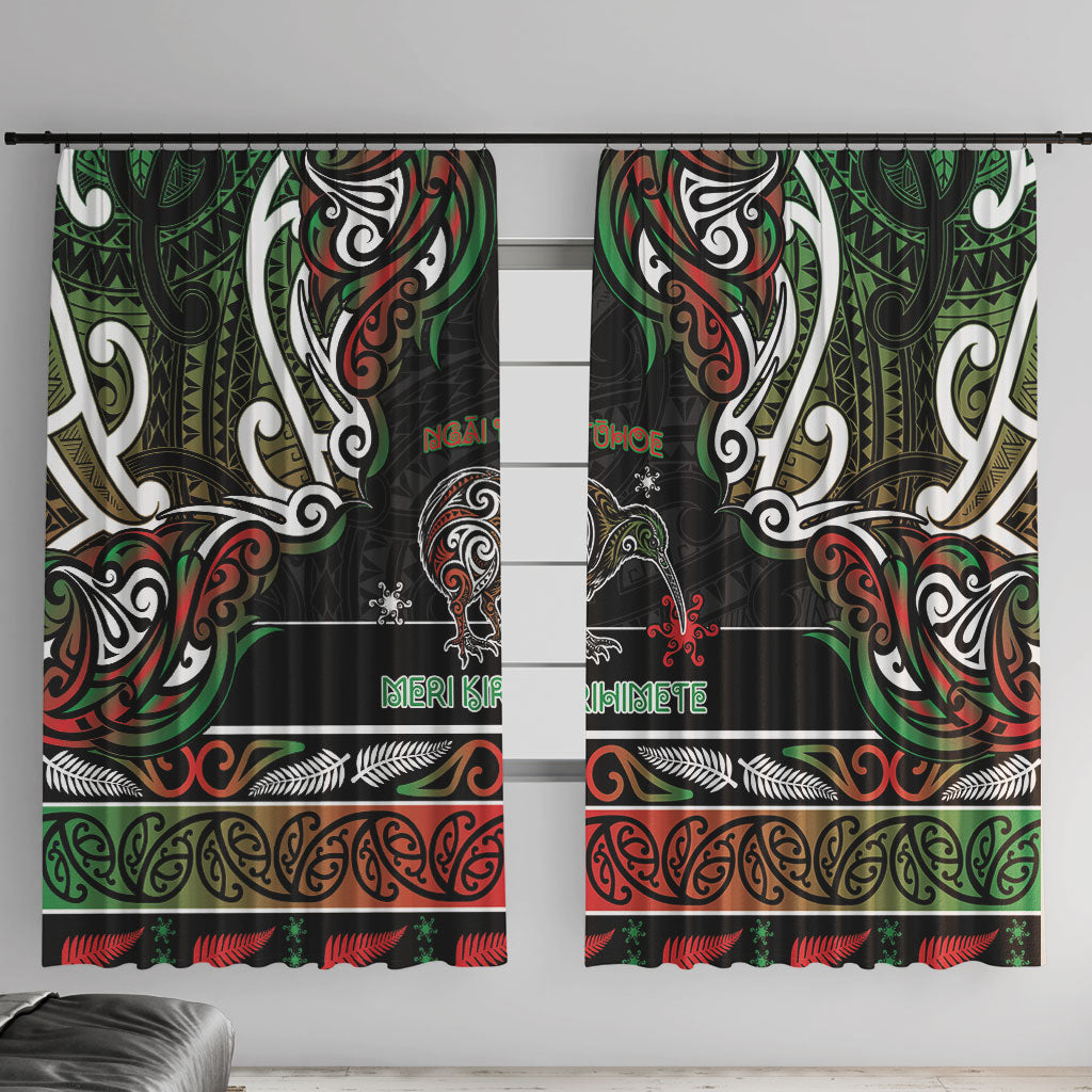 Ngai Tuhoe Aotearoa Meri Kirihimete Window Curtain Maori Kiwi Bird Silver Fern Koru Pattern