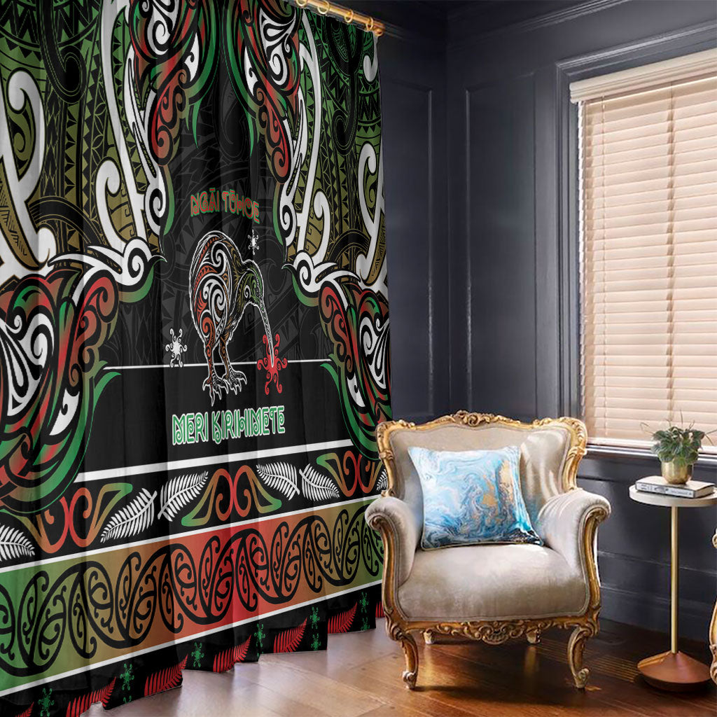 Ngai Tuhoe Aotearoa Meri Kirihimete Window Curtain Maori Kiwi Bird Silver Fern Koru Pattern