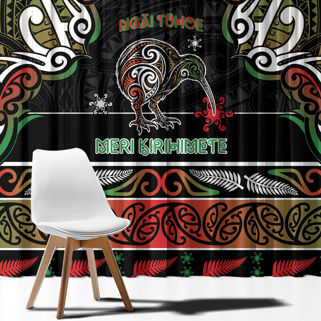Ngai Tuhoe Aotearoa Meri Kirihimete Window Curtain Maori Kiwi Bird Silver Fern Koru Pattern