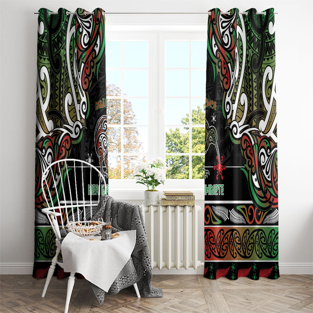 Ngai Tuhoe Aotearoa Meri Kirihimete Window Curtain Maori Kiwi Bird Silver Fern Koru Pattern