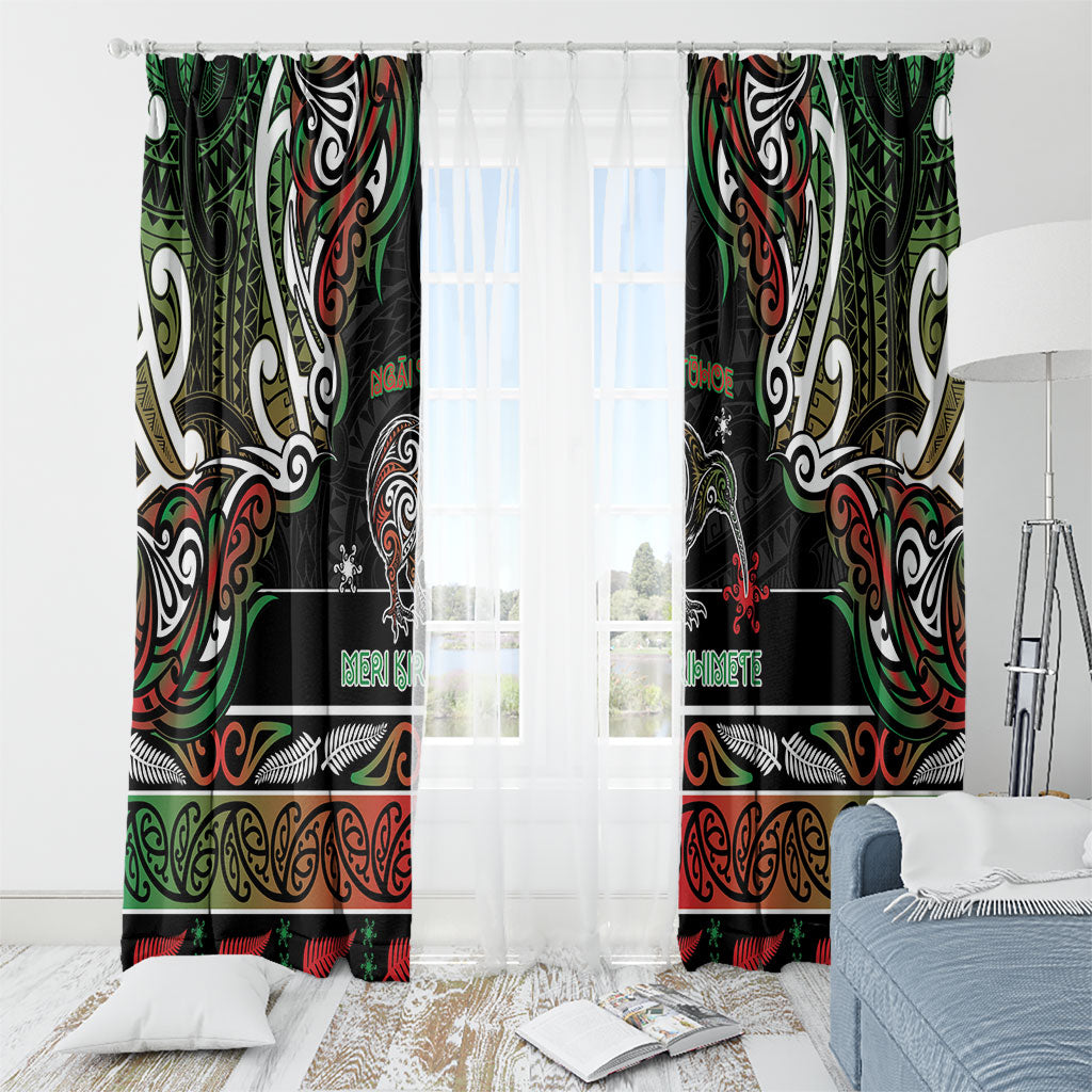 Ngai Tuhoe Aotearoa Meri Kirihimete Window Curtain Maori Kiwi Bird Silver Fern Koru Pattern