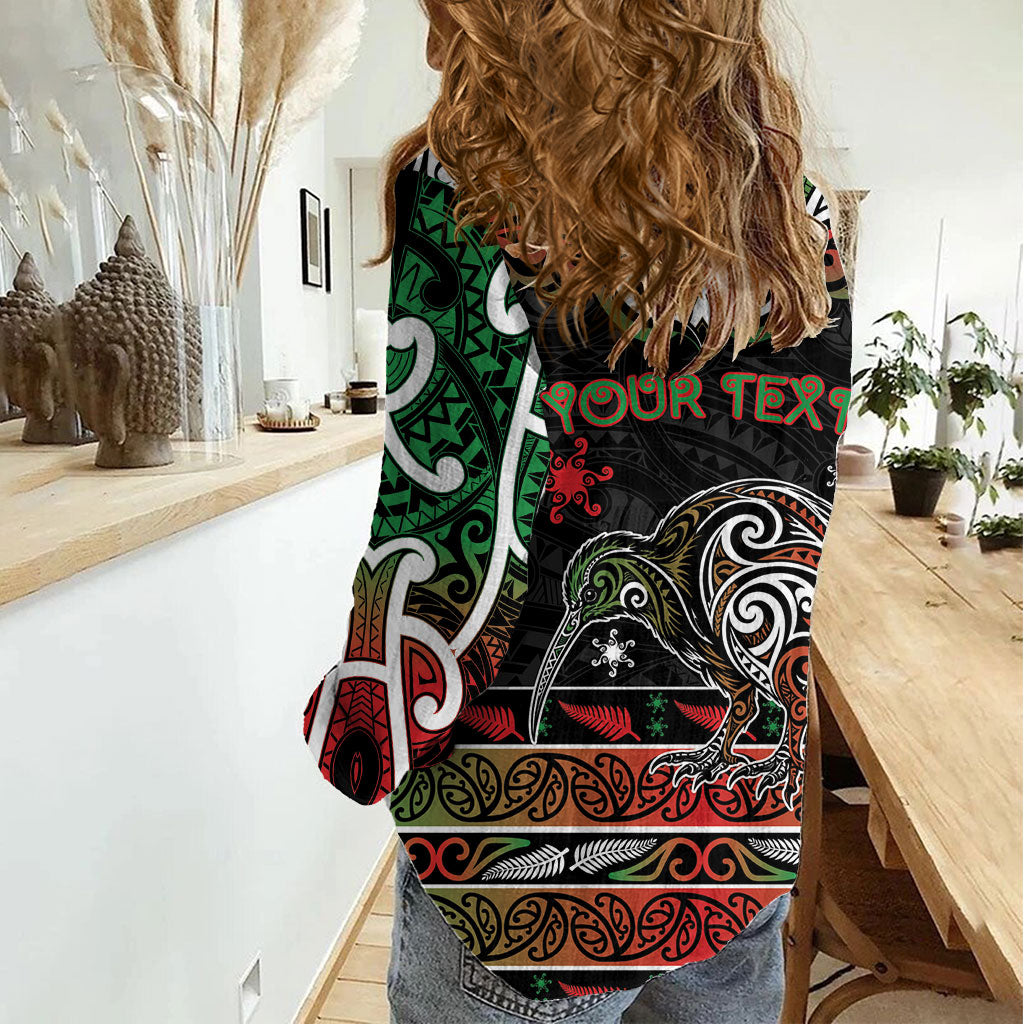 Personalised Ngai Tuhoe Aotearoa Meri Kirihimete Women Casual Shirt Maori Kiwi Bird Silver Fern Koru Pattern