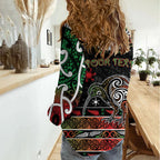 Personalised Ngai Tuhoe Aotearoa Meri Kirihimete Women Casual Shirt Maori Kiwi Bird Silver Fern Koru Pattern