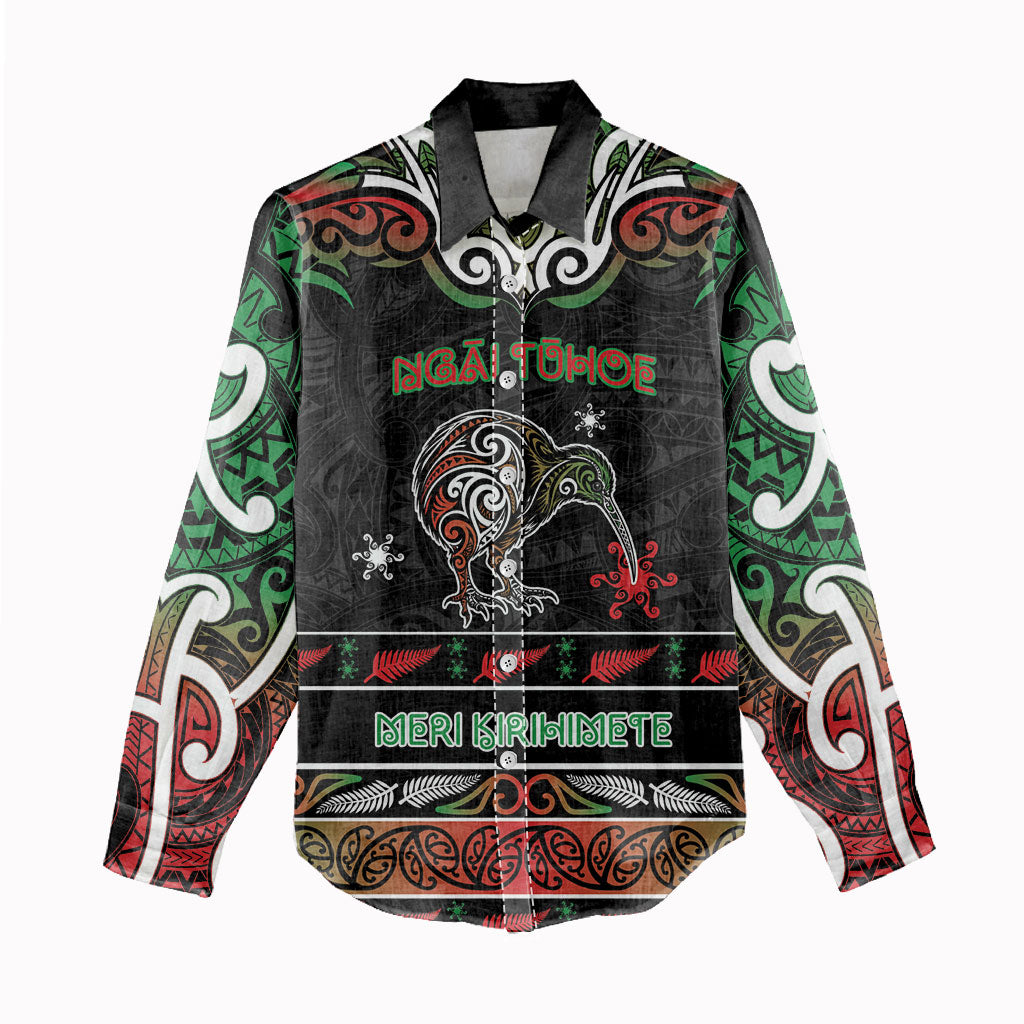 Personalised Ngai Tuhoe Aotearoa Meri Kirihimete Women Casual Shirt Maori Kiwi Bird Silver Fern Koru Pattern