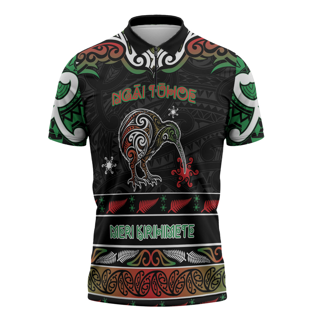 Personalised Ngai Tuhoe Aotearoa Meri Kirihimete Zipper Polo Shirt Maori Kiwi Bird Silver Fern Koru Pattern