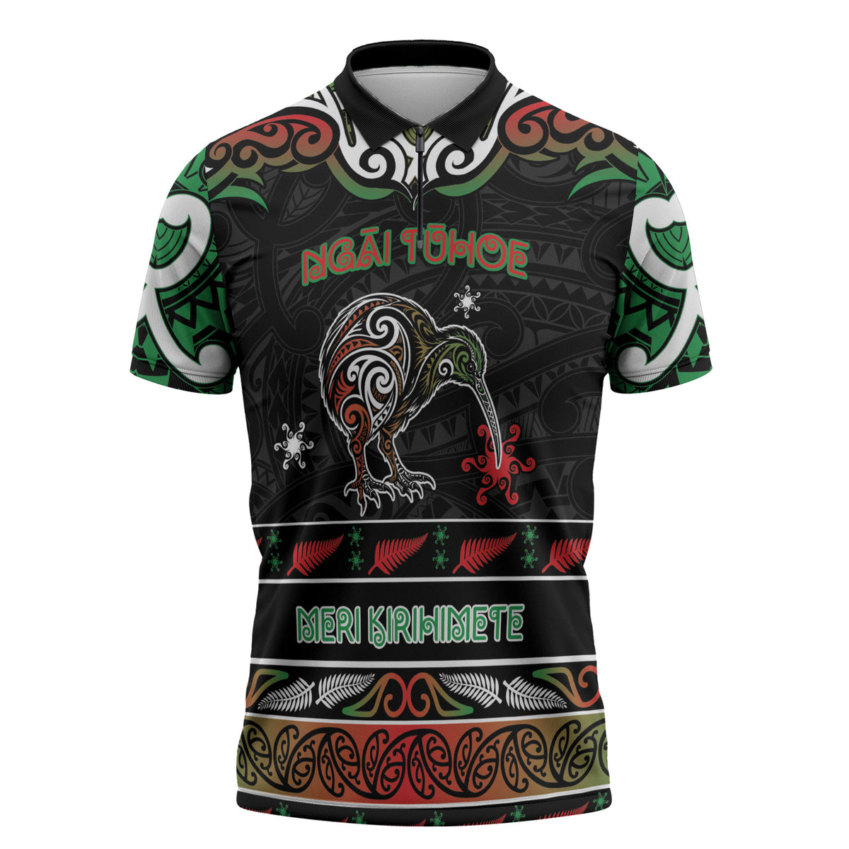 Personalised Ngai Tuhoe Aotearoa Meri Kirihimete Zipper Polo Shirt Maori Kiwi Bird Silver Fern Koru Pattern