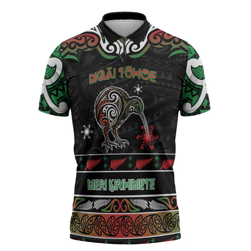 Personalised Ngai Tuhoe Aotearoa Meri Kirihimete Zipper Polo Shirt Maori Kiwi Bird Silver Fern Koru Pattern