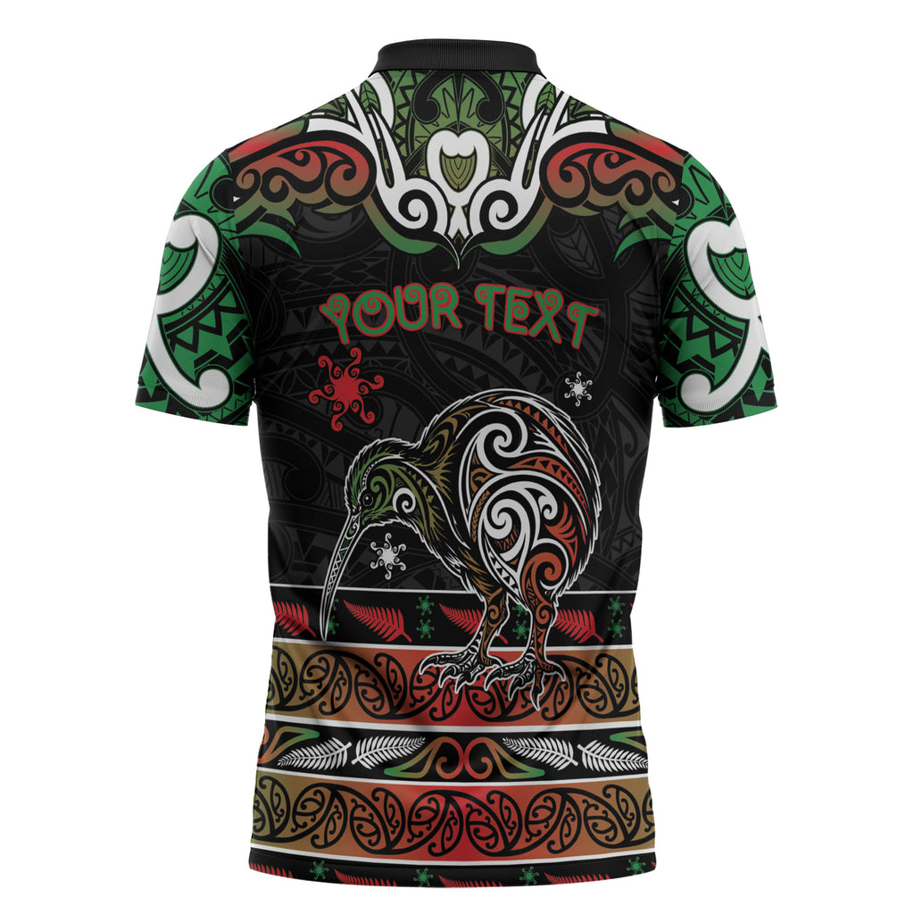 Personalised Ngai Tuhoe Aotearoa Meri Kirihimete Zipper Polo Shirt Maori Kiwi Bird Silver Fern Koru Pattern