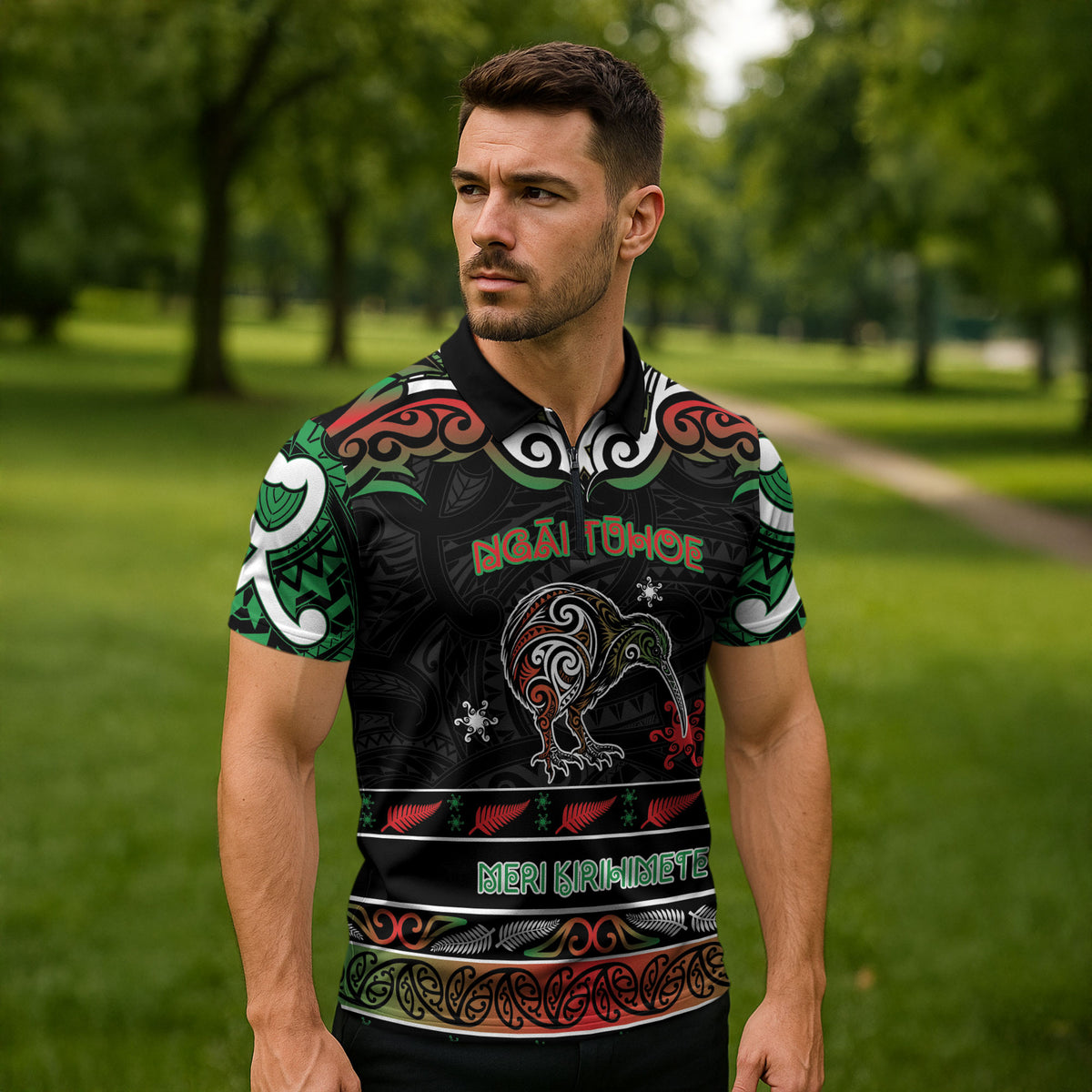 Personalised Ngai Tuhoe Aotearoa Meri Kirihimete Zipper Polo Shirt Maori Kiwi Bird Silver Fern Koru Pattern
