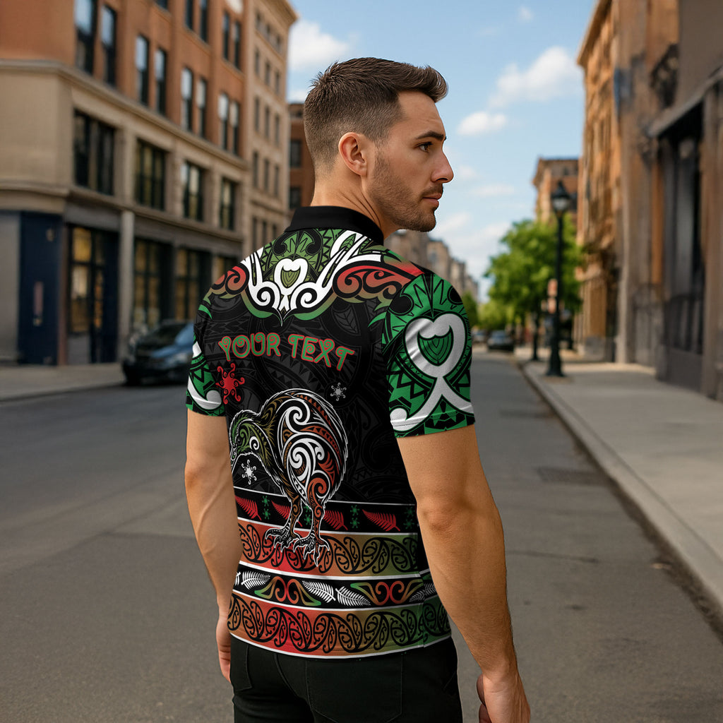 Personalised Ngai Tuhoe Aotearoa Meri Kirihimete Zipper Polo Shirt Maori Kiwi Bird Silver Fern Koru Pattern
