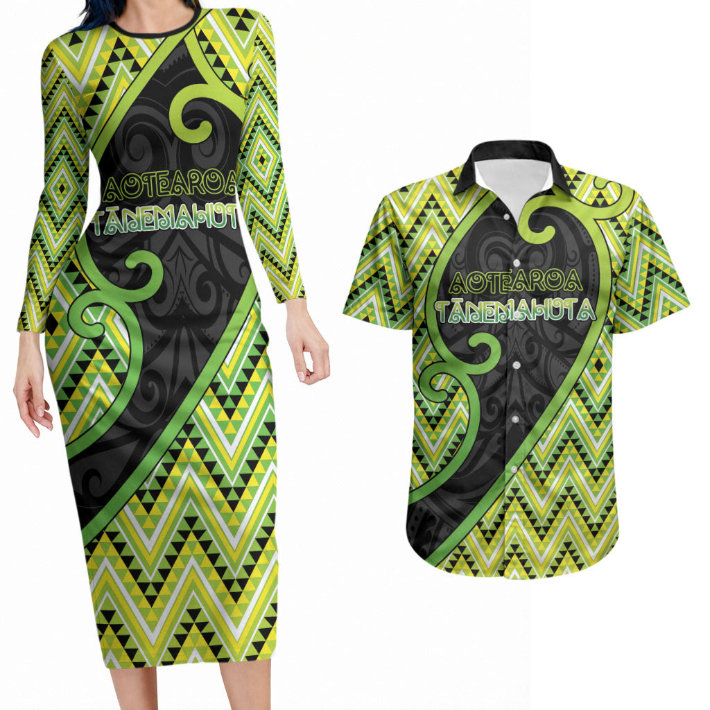 Custom Aotearoa Atua Tanemahuta Couples Matching Long Sleeve Bodycon Dress and Hawaiian Shirt God Of Forests Koru Patterns Koru Patterns
