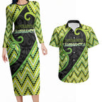 Custom Aotearoa Atua Tanemahuta Couples Matching Long Sleeve Bodycon Dress and Hawaiian Shirt God Of Forests Koru Patterns Koru Patterns
