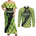 Custom Aotearoa Atua Tanemahuta Couples Matching Off Shoulder Maxi Dress and Long Sleeve Button Shirt God Of Forests Koru Patterns Koru Patterns