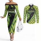 Custom Aotearoa Atua Tanemahuta Couples Matching Off The Shoulder Long Sleeve Dress and Long Sleeve Button Shirt God Of Forests Koru Patterns Koru Patterns