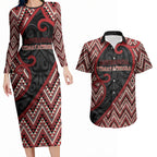 Custom Aotearoa Atua Tumatauenga Couples Matching Long Sleeve Bodycon Dress and Hawaiian Shirt God Of War Koru Patterns