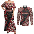 Custom Aotearoa Atua Tumatauenga Couples Matching Off Shoulder Maxi Dress and Long Sleeve Button Shirt God Of War Koru Patterns