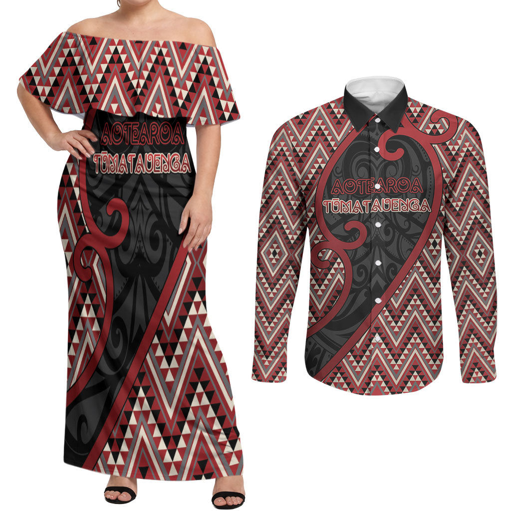 Custom Aotearoa Atua Tumatauenga Couples Matching Off Shoulder Maxi Dress and Long Sleeve Button Shirt God Of War Koru Patterns
