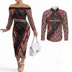 Custom Aotearoa Atua Tumatauenga Couples Matching Off The Shoulder Long Sleeve Dress and Long Sleeve Button Shirt God Of War Koru Patterns