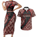 Custom Aotearoa Atua Tumatauenga Couples Matching Short Sleeve Bodycon Dress and Hawaiian Shirt God Of War Koru Patterns