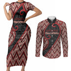 Custom Aotearoa Atua Tumatauenga Couples Matching Short Sleeve Bodycon Dress and Long Sleeve Button Shirt God Of War Koru Patterns