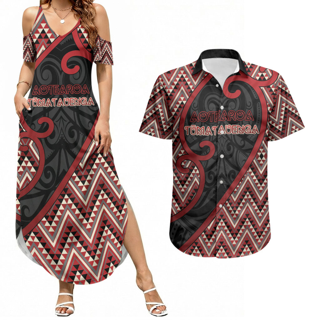 Custom Aotearoa Atua Tumatauenga Couples Matching Summer Maxi Dress and Hawaiian Shirt God Of War Koru Patterns