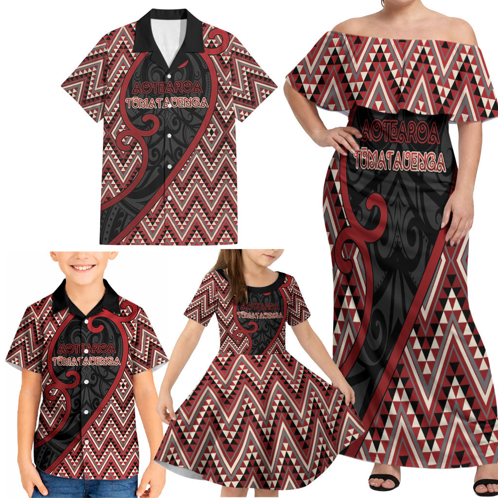 Custom Aotearoa Atua Tumatauenga Family Matching Off Shoulder Maxi Dress and Hawaiian Shirt God Of War Koru Patterns