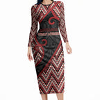 Custom Aotearoa Atua Tumatauenga Long Sleeve Bodycon Dress God Of War Koru Patterns