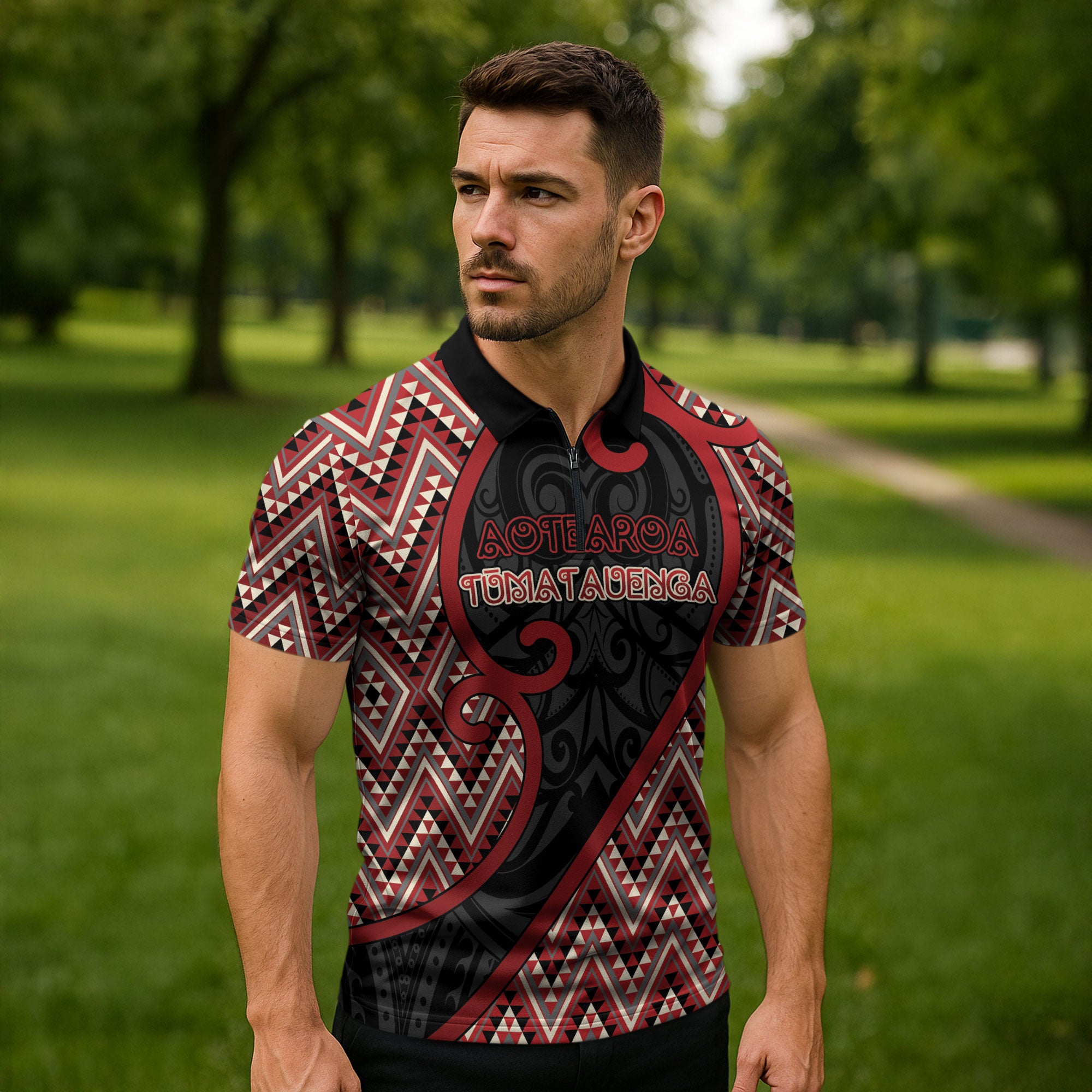 Custom Aotearoa Atua Tumatauenga Zipper Polo Shirt God Of War Koru Patterns