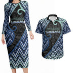 Custom Aotearoa Atua Tangaroa Couples Matching Long Sleeve Bodycon Dress and Hawaiian Shirt God Of Ocean Koru Patterns