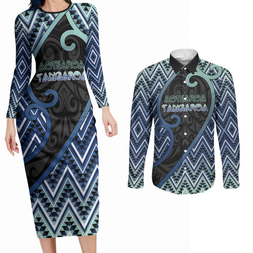 Custom Aotearoa Atua Tangaroa Couples Matching Long Sleeve Bodycon Dress and Long Sleeve Button Shirt God Of Ocean Koru Patterns
