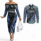 Custom Aotearoa Atua Tangaroa Couples Matching Off The Shoulder Long Sleeve Dress and Long Sleeve Button Shirt God Of Ocean Koru Patterns