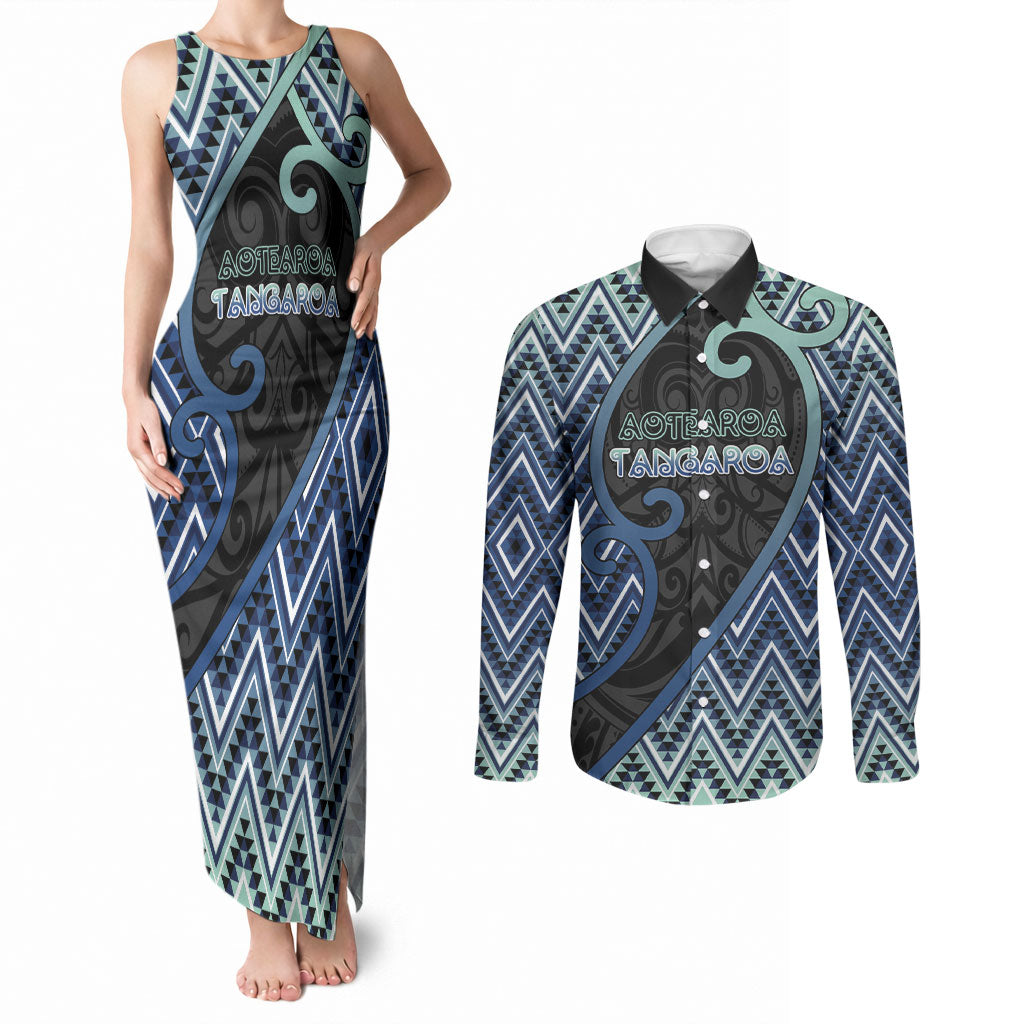 Custom Aotearoa Atua Tangaroa Couples Matching Tank Maxi Dress and Long Sleeve Button Shirt God Of Ocean Koru Patterns