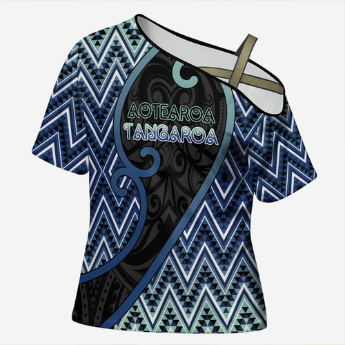 Custom Aotearoa Atua Tangaroa Cross Shoulder Shirt God Of Ocean Koru Patterns