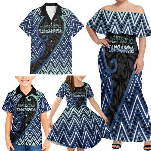 Custom Aotearoa Atua Tangaroa Family Matching Off Shoulder Maxi Dress and Hawaiian Shirt God Of Ocean Koru Patterns