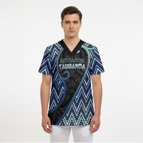 Custom Aotearoa Atua Tangaroa Scrub Top God Of Ocean Koru Patterns