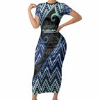 Custom Aotearoa Atua Tangaroa Short Sleeve Bodycon Dress God Of Ocean Koru Patterns
