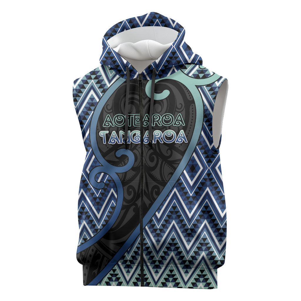 Custom Aotearoa Atua Tangaroa Sleeveless Zip Hoodie God Of Ocean Koru Patterns