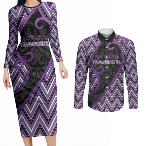 Custom Aotearoa Atua Tawhirimatea Couples Matching Long Sleeve Bodycon Dress and Long Sleeve Button Shirt God Of Storms Koru Patterns