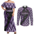 Custom Aotearoa Atua Tawhirimatea Couples Matching Off Shoulder Maxi Dress and Long Sleeve Button Shirt God Of Storms Koru Patterns