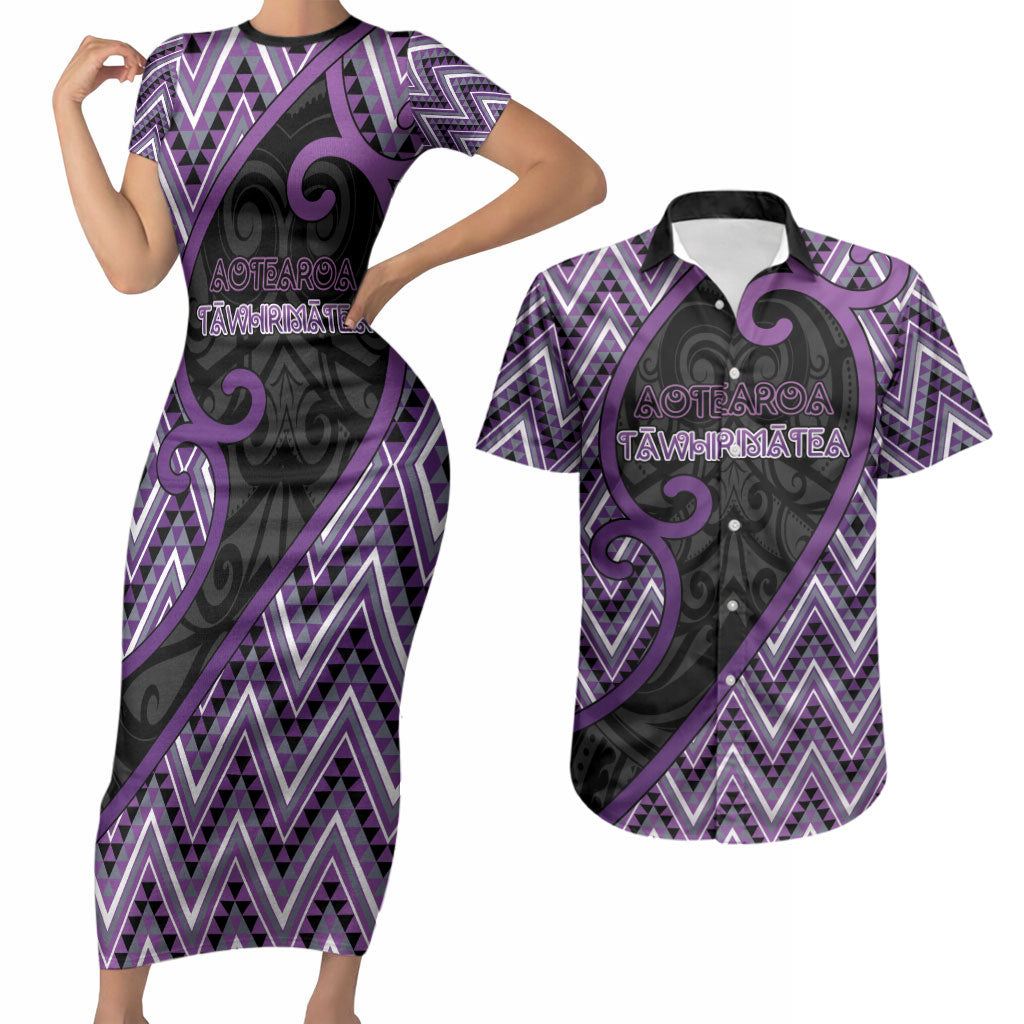 Custom Aotearoa Atua Tawhirimatea Couples Matching Short Sleeve Bodycon Dress and Hawaiian Shirt God Of Storms Koru Patterns