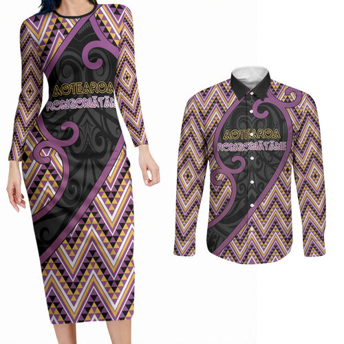 Custom Aotearoa Atua Rongomatane Couples Matching Long Sleeve Bodycon Dress and Long Sleeve Button Shirt God Of Cultivated Foods Koru Patterns