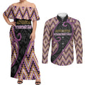 Custom Aotearoa Atua Rongomatane Couples Matching Off Shoulder Maxi Dress and Long Sleeve Button Shirt God Of Cultivated Foods Koru Patterns