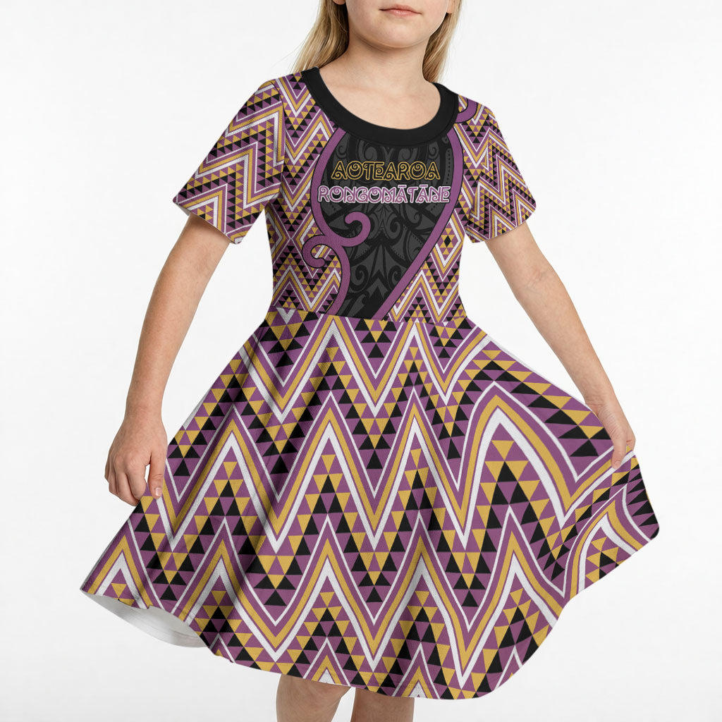 Custom Aotearoa Atua Rongomatane Kid Short Sleeve Dress God Of Cultivated Foods Koru Patterns