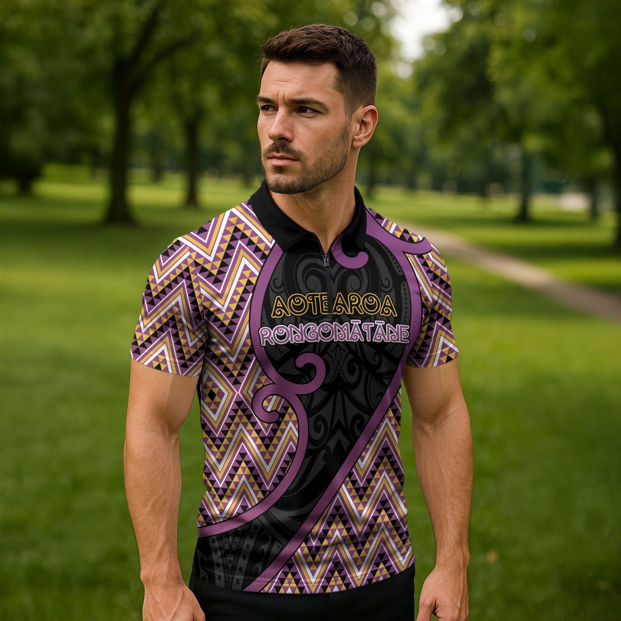 Custom Aotearoa Atua Rongomatane Zipper Polo Shirt God Of Cultivated Foods Koru Patterns