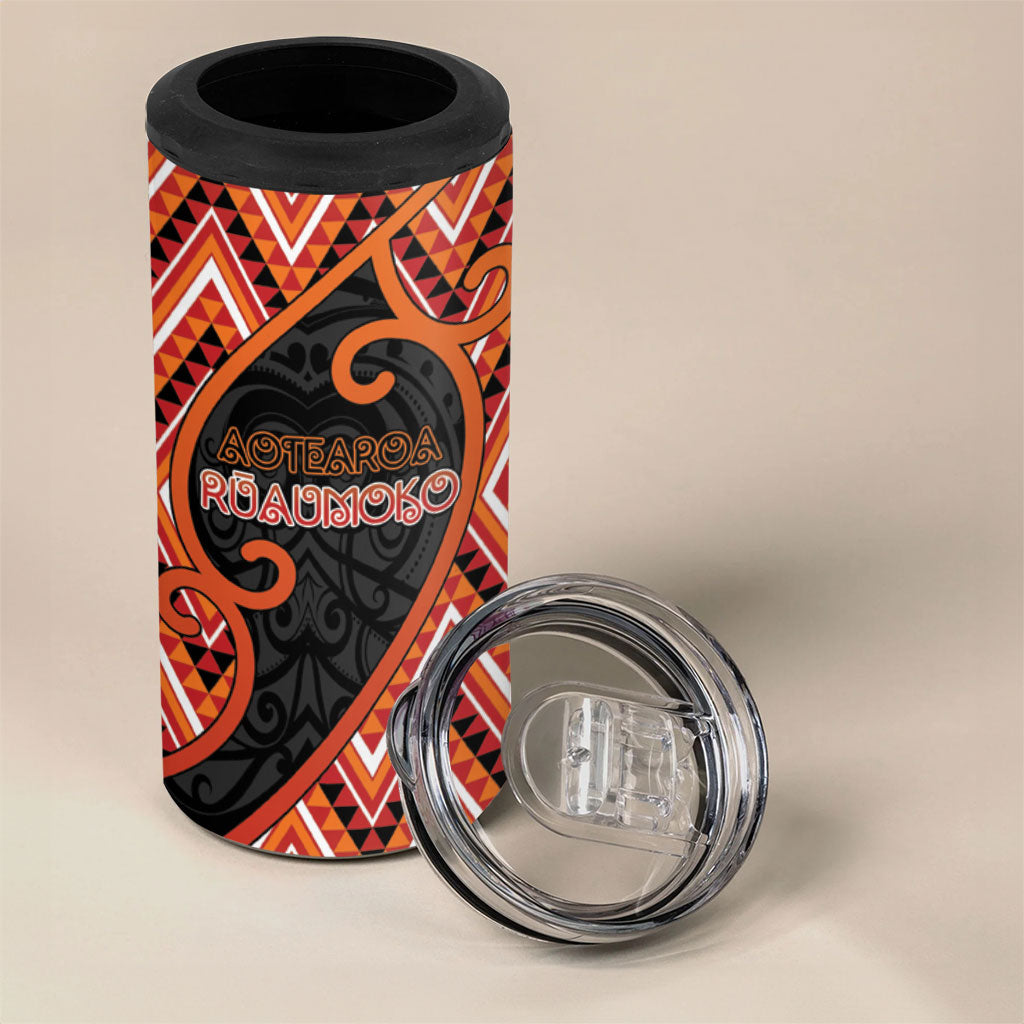 Custom Aotearoa Atua Ruaumoko 4 in 1 Can Cooler Tumbler God Of Volcanoes Koru Patterns