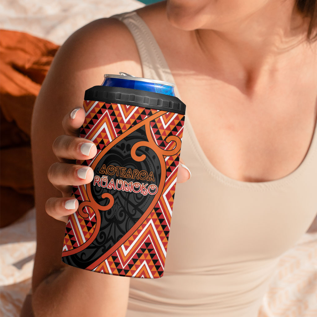 Custom Aotearoa Atua Ruaumoko 4 in 1 Can Cooler Tumbler God Of Volcanoes Koru Patterns